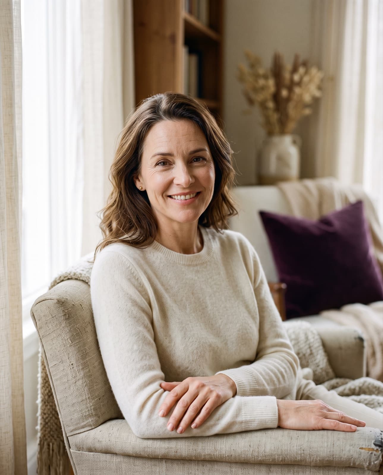A woman in her late forties at home in soft natural light